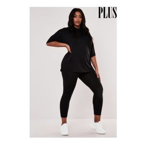Black - 2 Piece Crew Neck Drop Shoulder Top & Leggings Set